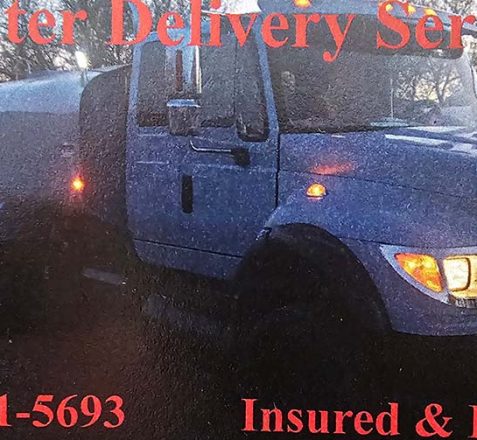 A blue water delivery truck with the text "Water Delivery Service," a phone number, and "Insured & Bonded" displayed.